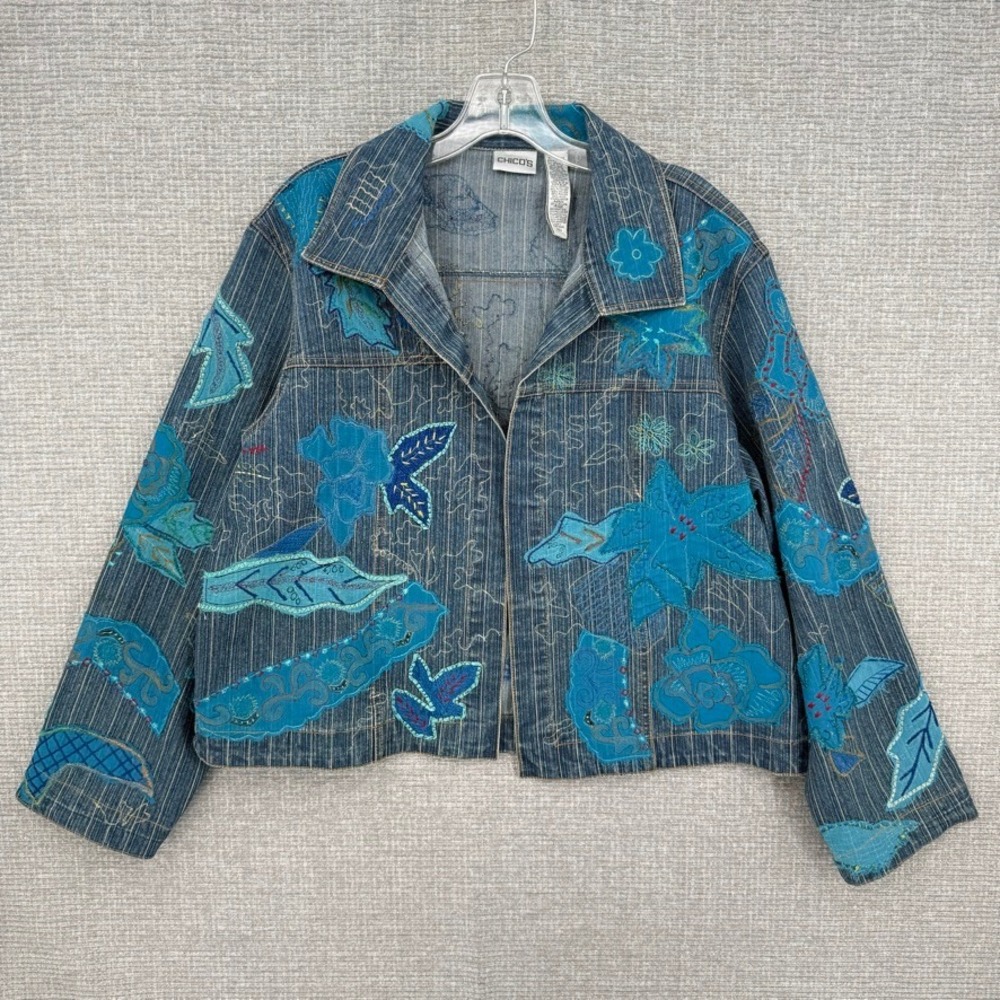 Chico's Embroidered Patchwork Denim Jacket Women XL Blue Floral Boho